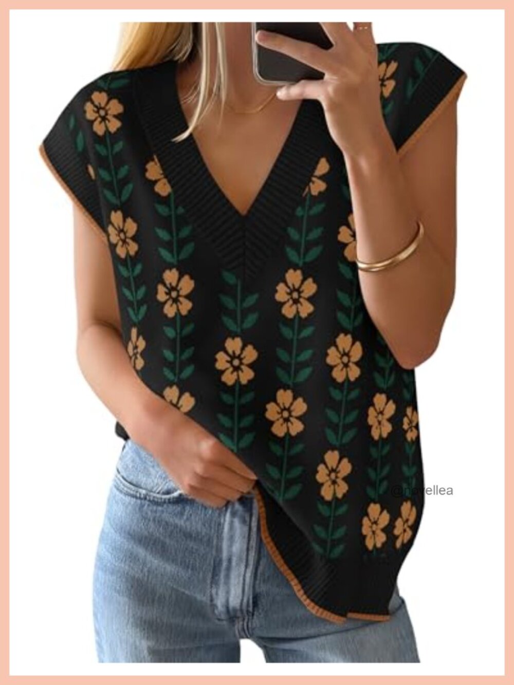 Floral V-Neck Sleeveless Knit Sweater Vest, Ribbed Oversized Loose Fit Tank Top